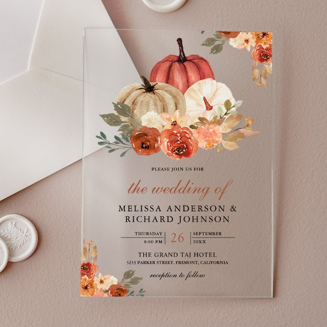 Invitations En Acrylique Earthy Burnt Orange Floral Pumpkin Wedding (Créateur téléchargé)