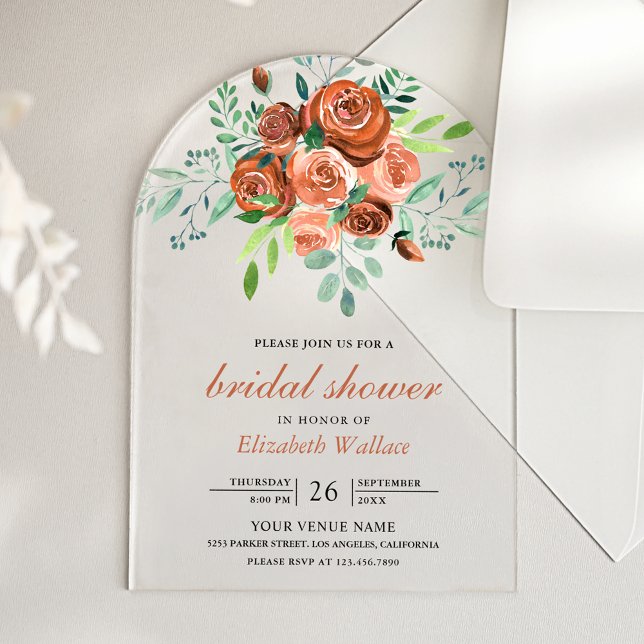 Invitations En Acrylique Earthy Burnt Orange Roses Bouquet Bridal Shower (Créateur téléchargé)