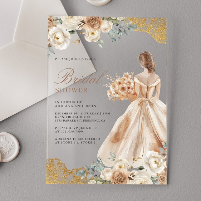 Invitations En Acrylique Earthy Floral Gold Lace Gown Dress Bridal Shower (Créateur téléchargé)