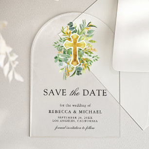 Invitations En Acrylique Économie de verdure dorée pour mariage catholique