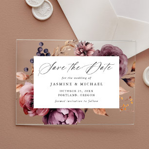 Invitations En Acrylique Économisez la date de mariage floral Marsala autom