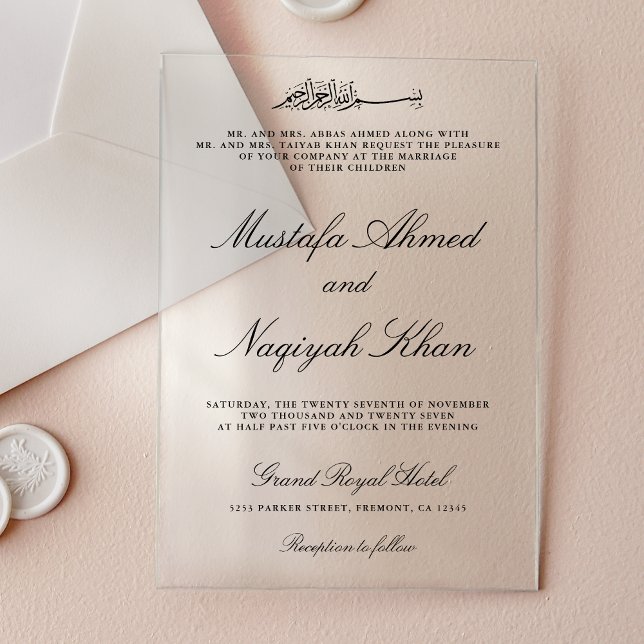 Invitations En Acrylique Écriture calligraphique noire Mariage musulman (Créateur téléchargé)