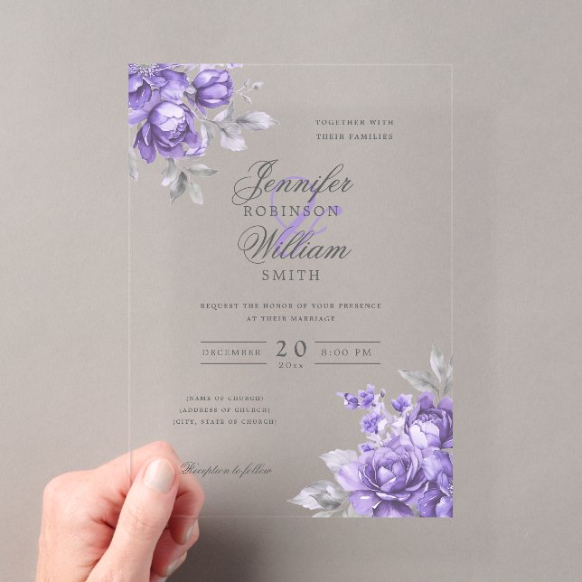 Invitations En Acrylique Écriture élégante Mariage Floral Pourpre Rustique  (In situ (ordinateur de poche))