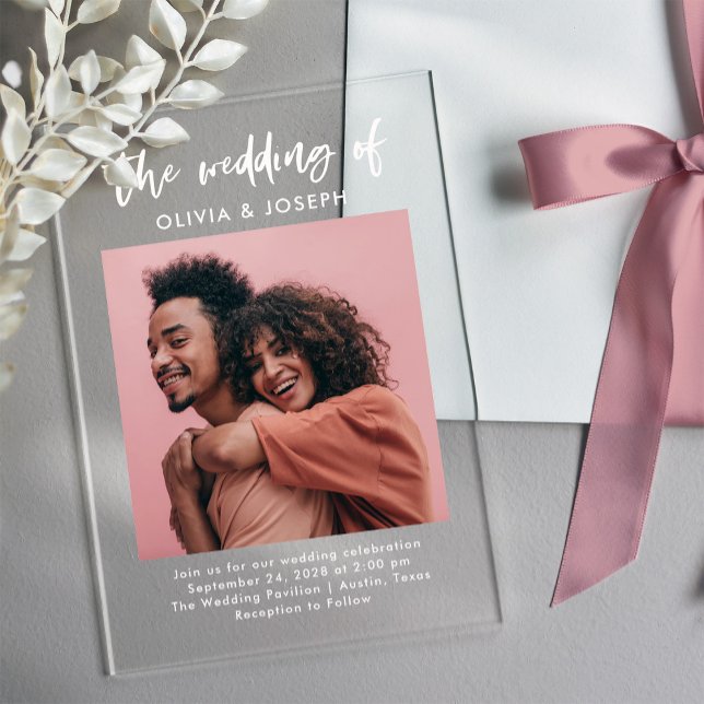 Invitations En Acrylique Écriture et photo chic décontractée | Mariage (Créateur téléchargé)