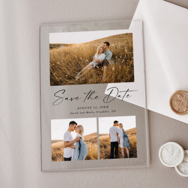 Invitations En Acrylique Écriture Moderne 3 Photo Mariage Save the Date (Simple acrylic photo wedding save the  date card.)