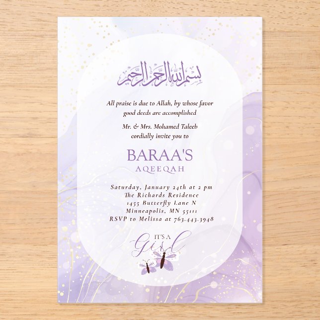 Invitations En Acrylique Editable Aqiqah for Baby  It’s a Girl (Recto)