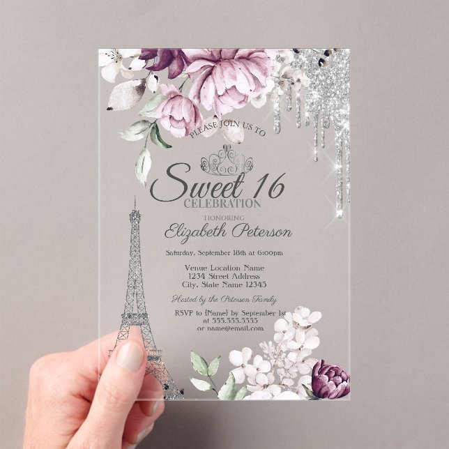 Invitations En Acrylique  Eiffel Tower,Drips,Lilac Flowers Sweet 16   (In situ (ordinateur de poche))
