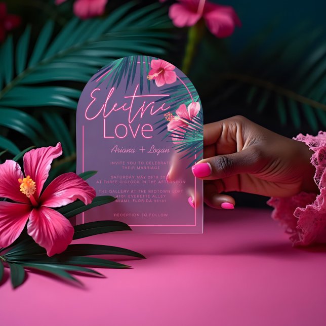 Invitations En Acrylique Electric Love Neon rose Tropical Mariage rétro (Electric Love Neon Pink Tropical Retro Wedding Acrylic Invitations)