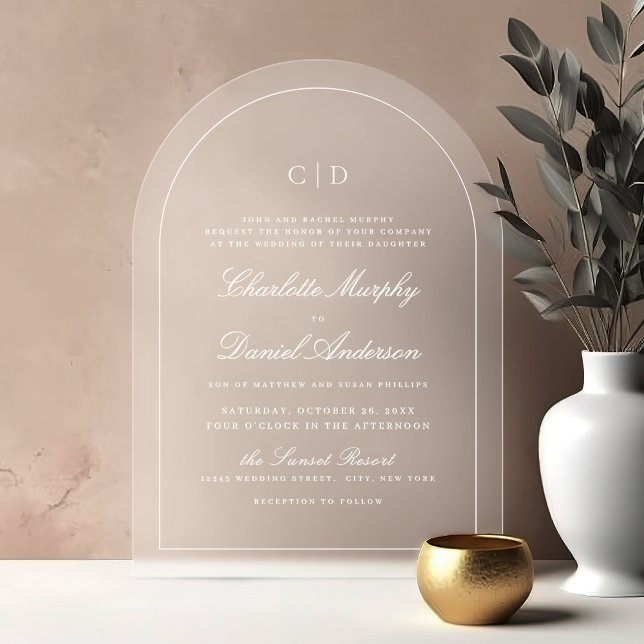 Invitations En Acrylique Élégance Classique Monogramme Arc de Mariage en Sc (Classic Elegance Script Monogram Arch Wedding Acrylic Invitations)