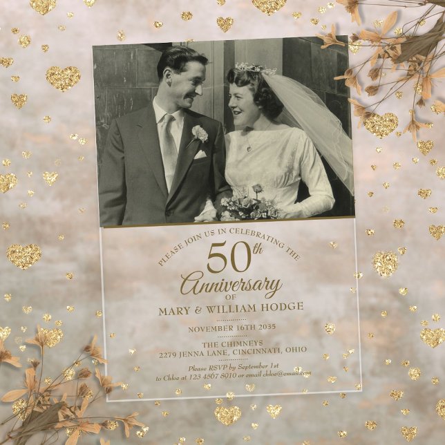 Invitations En Acrylique Élégant 50e anniversaire Mariage d'or photo (Elegant 50th Anniversary Gold Wedding Photo Acrylic Invitations)