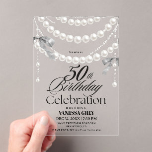 Invitations En Acrylique Élégant 50e Anniversaire Noir Blanc Perles