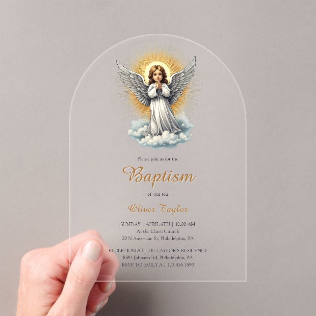 Invitations En Acrylique Élégant Ange Blanc Religieux Baptême chrétien (In situ (ordinateur de poche))