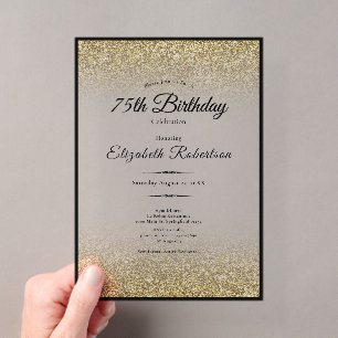 Invitations En Acrylique Elégant Anniversaire 75 Ans Paillettes Noires et D