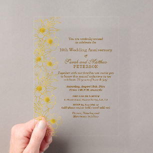 Invitations En Acrylique Élégant Anniversaire de Mariage Fleurs Or 10 Ans