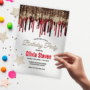 Invitations En Acrylique Elégant anniversaire noir rouge or gouttes scintil