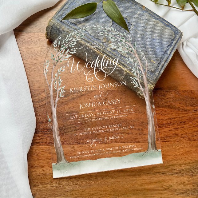 Invitations En Acrylique Elégant Aquarelle Arbres Mariage Arche lunaire (Whimsical watercolor arch trees sage green earth tones unique script calligraphy wedding invitation)