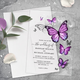 Invitations En Acrylique Elégant Aquarelle Argent Purple Papillon Mariage