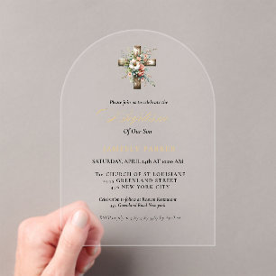 Invitations En Acrylique Elégant aquarelle Floral Cross Baptism