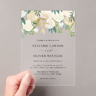 Invitations En Acrylique Elégant Aquarelle Ivoire Peonies Mariage Or Foil