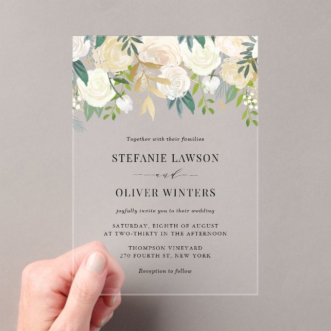 Invitations En Acrylique Elégant Aquarelle Ivoire Peonies Mariage Or Foil (In situ (ordinateur de poche))