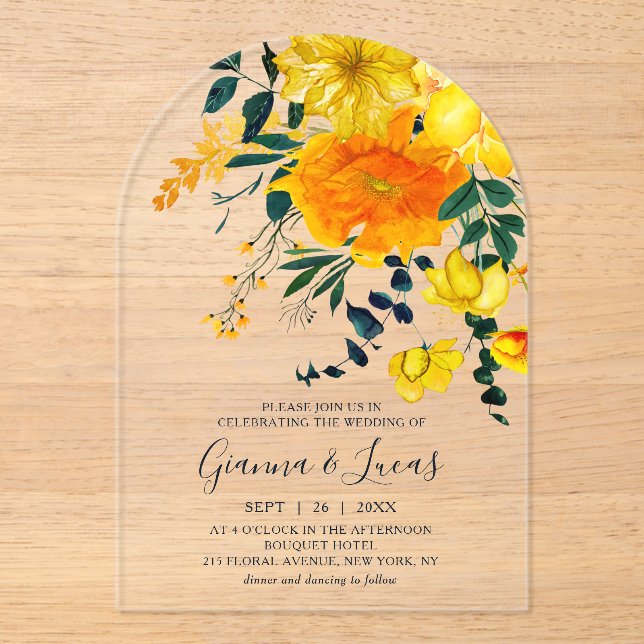 Invitations En Acrylique Elégant Aquarelle Jaune Botanique Floral Mariage (Recto)