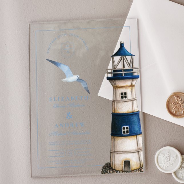 Invitations En Acrylique Elégant aquarelle Mariage phare nautique (Créateur téléchargé)