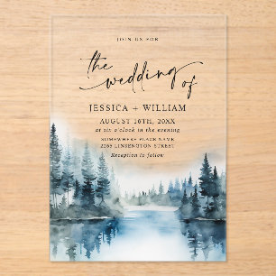 Invitations En Acrylique Elégant Aquarelle Montagnes Mariage forestier
