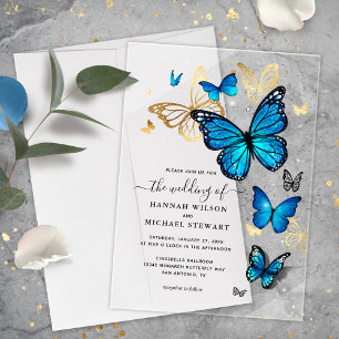 Invitations En Acrylique Elégant Aquarelle or et Mariage papillon bleu