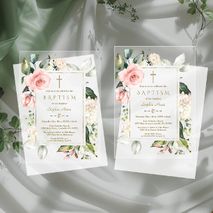 Invitations En Acrylique Elégant Aquarelle rose Fleurs de crème Baptême