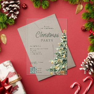 Invitations En Acrylique Élégant Arbre Aquarelle Code QR Soirée de Noël