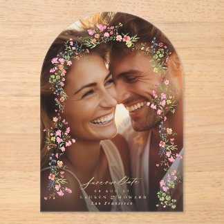 Invitations En Acrylique élégant arc de photo floral enregistrer la date ma