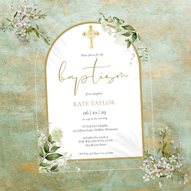 Invitations En Acrylique Élégant Arc Or Verdure Foliage Floral Baptême (Elegant Gold Arch Greenery Floral Foliage Baptism Acrylic Invitations)