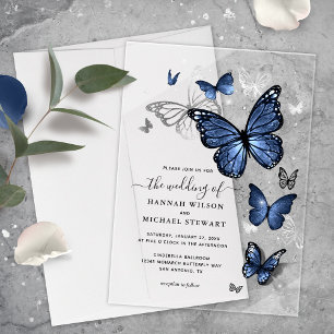 Invitations En Acrylique Elégant Argent et Mariage bleu marine papillon