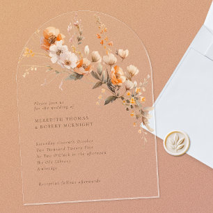Invitations En Acrylique Elégant automne orange et Brown Mariage Fleur sauv