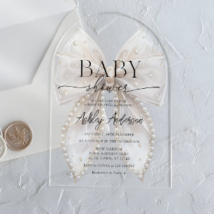 Invitations En Acrylique Elégant Baby shower blanc Pearl Bow