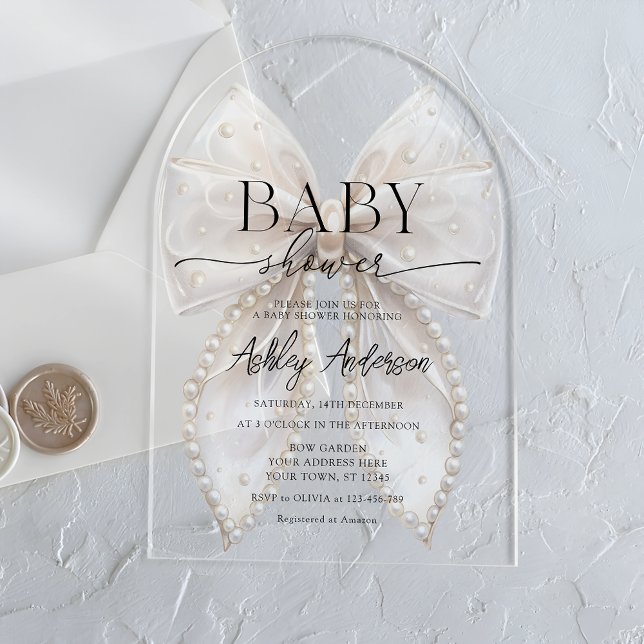 Invitations En Acrylique Elégant Baby shower blanc Pearl Bow (Créateur téléchargé)