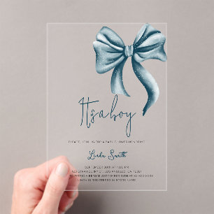 Invitations En Acrylique Elégant Baby shower Boy Blue Bow