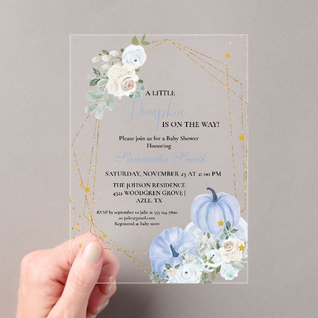 Invitations En Acrylique Elégant Baby shower Citrouille Blue Little (In situ (ordinateur de poche))