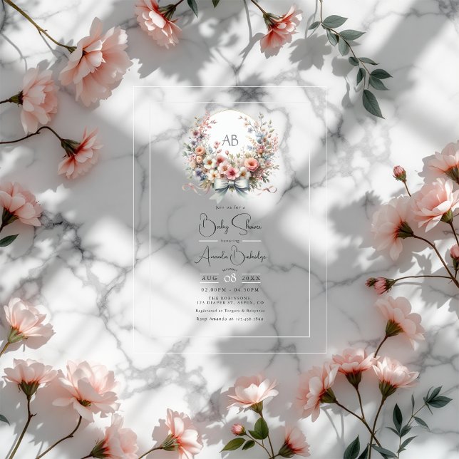Invitations En Acrylique Élégant Baby shower Floral Bow (Elegant Bow Floral Monogram Baby Shower Acrylic Invitations)