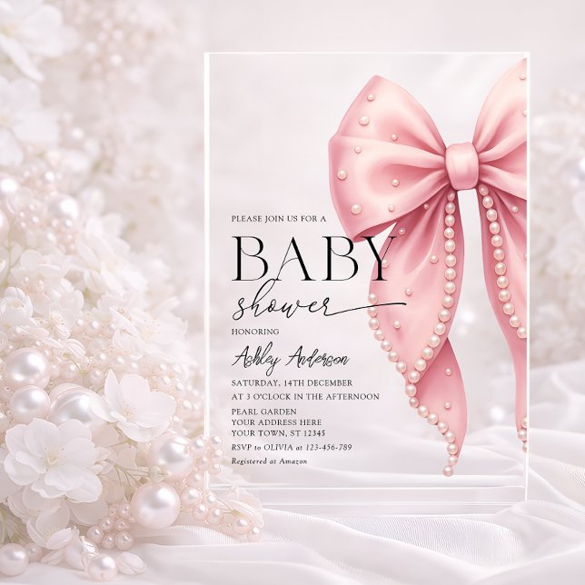 Invitations En Acrylique Elégant Baby shower Pearl Bow Girl (Créateur téléchargé)