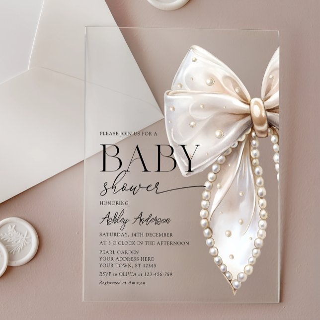 Invitations En Acrylique Elégant Baby shower Pearl Bow Girl (Créateur téléchargé)