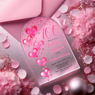 Invitations En Acrylique Élégant Ballons de Coeur Rose 100e fête d'annivers