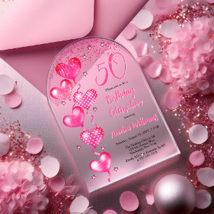 Invitations En Acrylique Élégant Ballons de Coeur Rose 50e fête d'anniversa