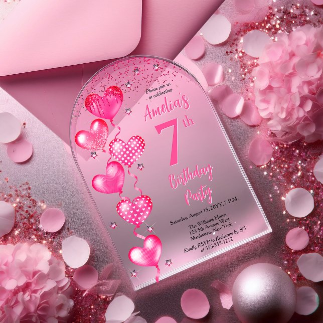 Invitations En Acrylique Élégant Ballons de Coeur Rose 7e fête d'anniversai (Elegant Pink Heart Balloons "7" 7th Birthday Party Arched Acrylic Invitation)