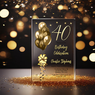 Invitations En Acrylique Elégant Ballons d'or sur Black 40th Birthday Party