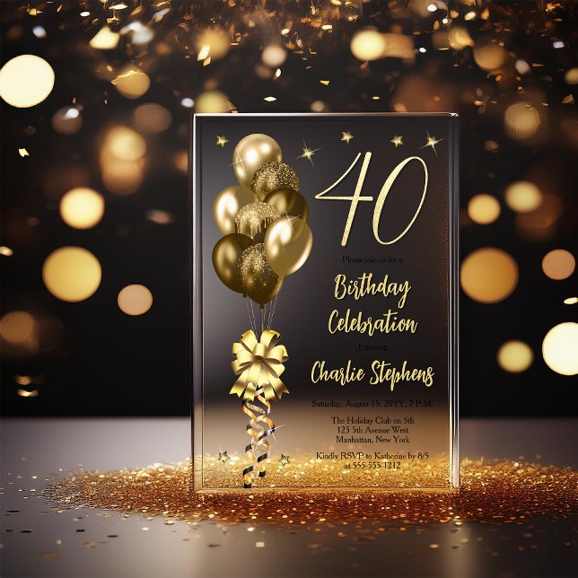 Invitations En Acrylique Elégant Ballons d'or sur Black 40th Birthday Party (Elegant Faux Gold Glitter Accented Balloons on Fade to Black Backing 40th Birthday Acrylic Invite)