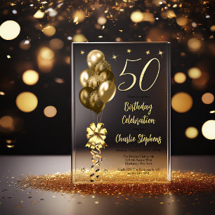 Invitations En Acrylique Elégant Ballons d'or sur Black 50th Birthday Party