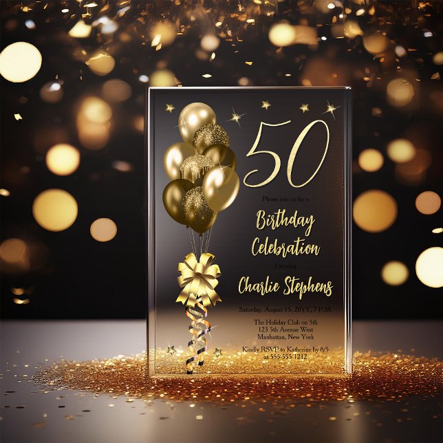 Invitations En Acrylique Elégant Ballons d'or sur Black 50th Birthday Party (Elegant Faux Gold Glitter Accented Balloons on Fade to Black Backing 50th Birthday Acrylic Invite)