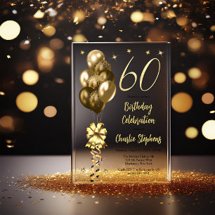 Invitations En Acrylique Elégant Ballons d'or sur Black 60th Birthday Party