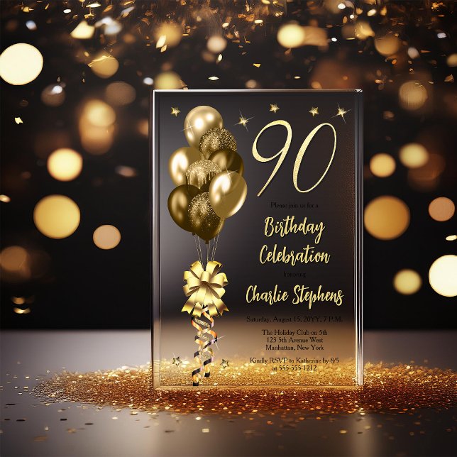 Invitations En Acrylique Elégant Ballons d'or sur Black 90th Birthday Party (Elegant Faux Gold Glitter Accented Balloons on Fade to Black Backing 90th Birthday Acrylic Invite)